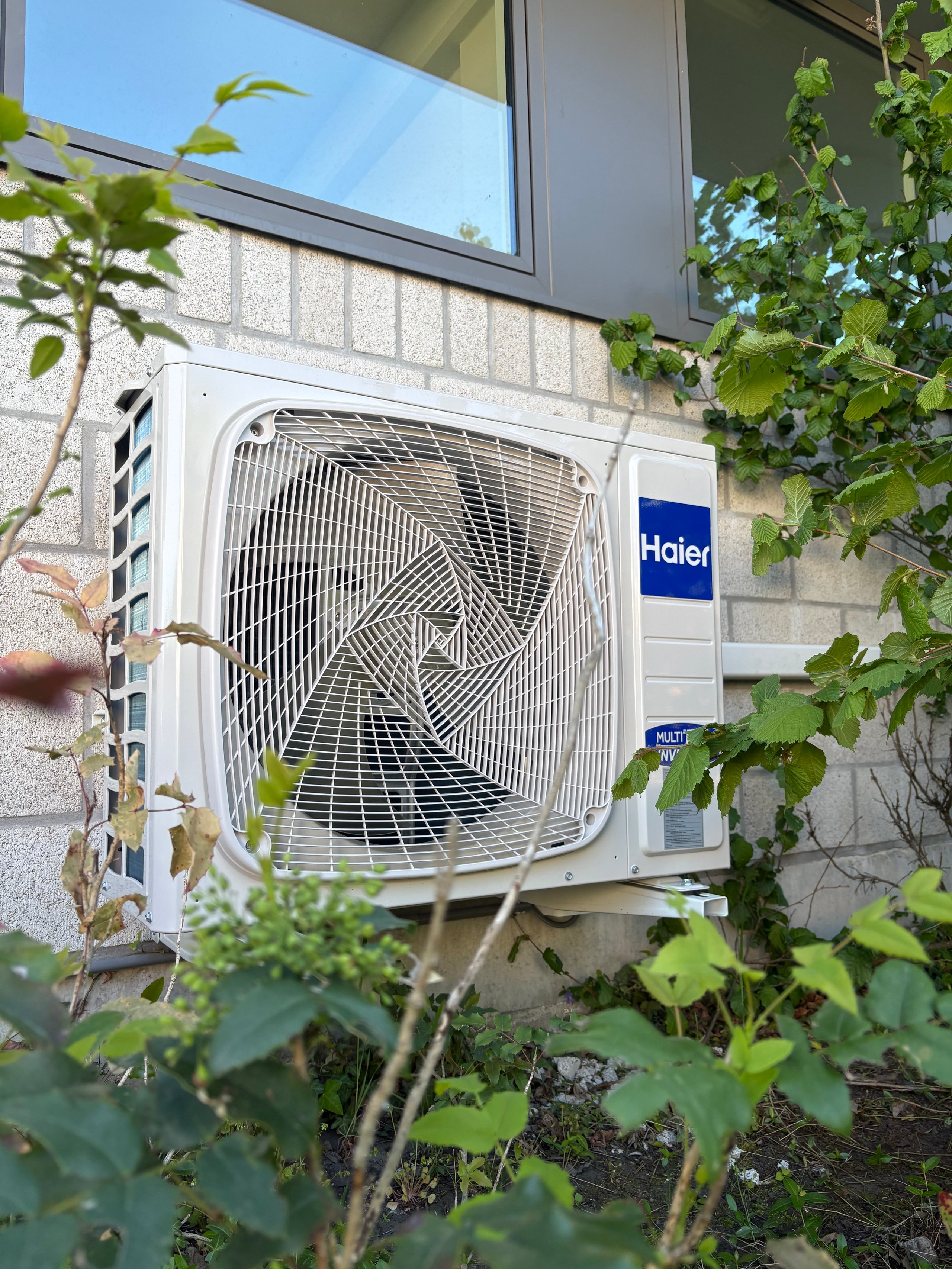 White Haier air conditioning unit mounted on exterior wall, surrounded by green climbing vines and plants